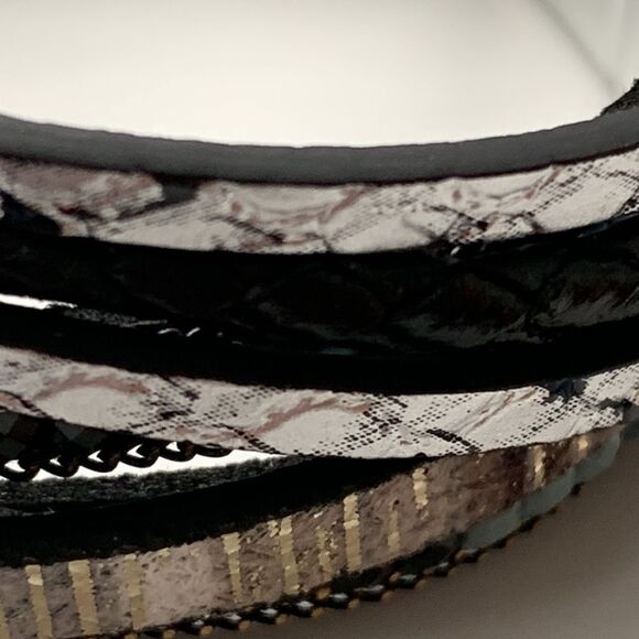 Black & White Multi-Strand Leather Beaded Boho Cuff Bracelet, Magnetic Clasp - Picture 4 of 9